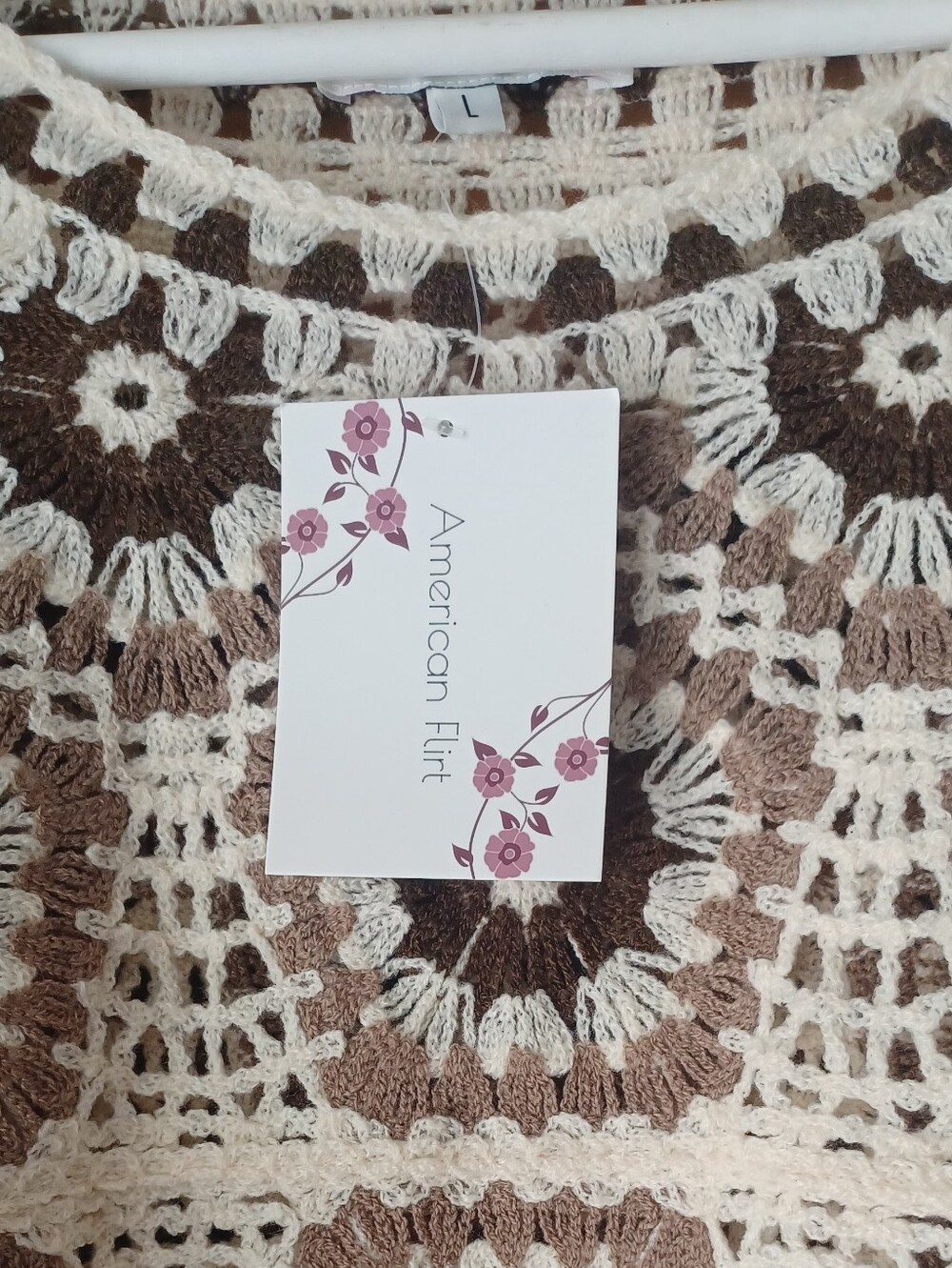 Crochet Floral Knit Long-Sleeve Top - Cream & Brown - Picture 7 of 8